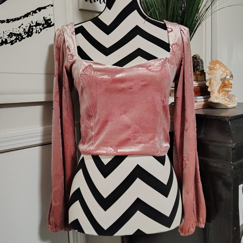 NWT Altar'd State Butterfly Fairycore 90s Y2K Velvet Crop Top Womens Medium Pink
